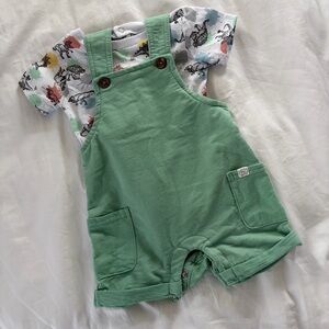 3-6M Little Lad Green Dino Overalls
